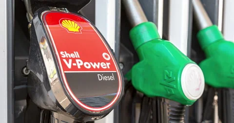Filling column with different fuels at the Shell gas station Stock Footage 164111646
