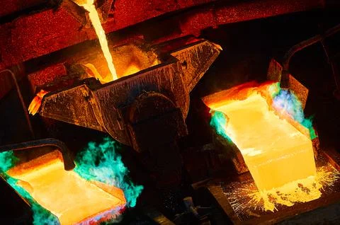 Filling form with copper for anodes on casting wheel Stock Photos