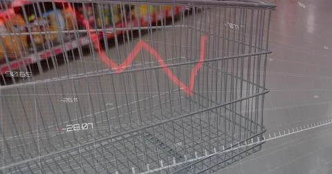 Filling frame, empty metal cart basket drawing focus at grocery aisle, with red Stock Photos