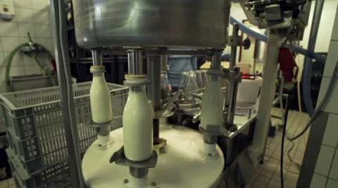 Filling glass bottles with milk Stock Footage 35178997