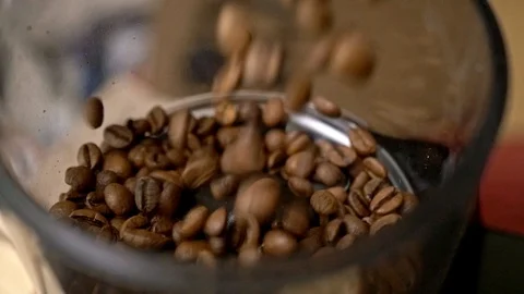 Filling grinder hopper with coffee beans slow motion Stock Footage 115444224