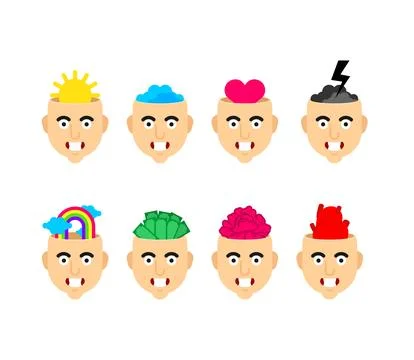 Filling head set. Sun in head, love in head. Lightning and rainbow. Money i.. Stock Illustration