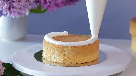 Filling the layer of the cake with cream coating using pastry bag. Stock-Footage 102931977