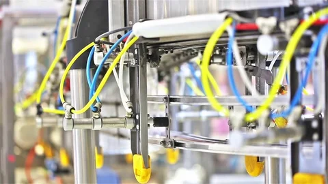 Filling line of liquid softener in the plastic bottles Stock Footage 70152625