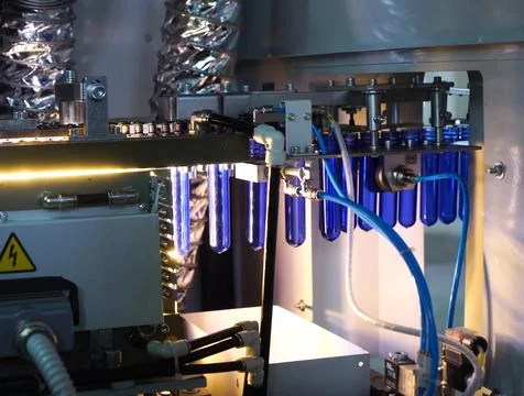 Filling line in plastic flasks. Liquid Filling Stock Photos