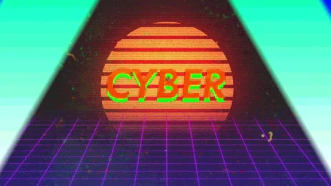 Filling loading bar on neon grid, revealing triangle, CYBER text and clicking Stock Footage 311415894