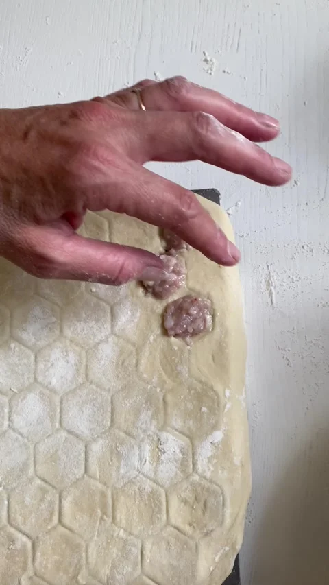 Filling Meat into Dumpling Dough on a Mold Stock Footage 315345927