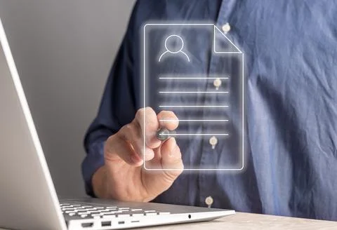 Filling online application form. Man applying CV for joj, digital document fo Stock Photos