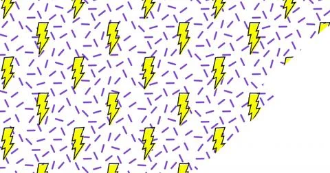 Filling pattern with yellow bolts lined black and purple dashes on white Stock Photos