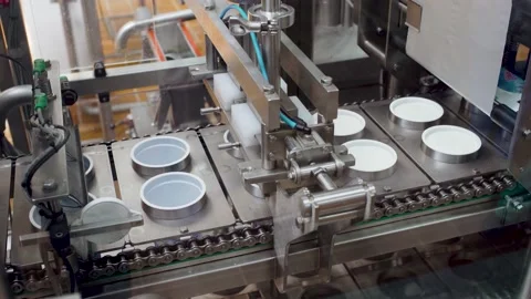Filling plastic cups with sour cream on a conveer. Dairy food production sour Stock Footage 136069142