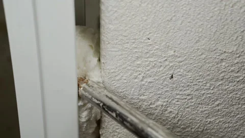 Filling with polyurethane foam between the window space. Video stock 150395804