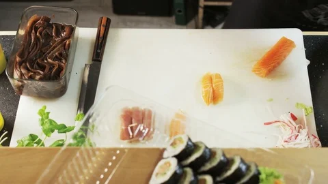 Filling Salmon With Rice Stock Footage 71071622