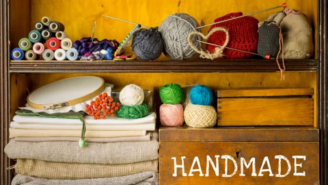 Filling shelves by materials and tools for handmade. Appearance of word on box Stock Footage 86402826
