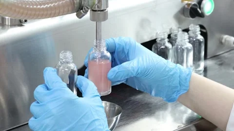 Filling a small container at a pharmaceutical perfume factory Stock Footage 278234801