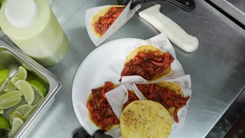 Filling soft taco shells with pulled pork - food truck series Stock Footage 234291024