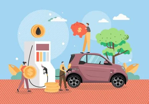 Filling station, tiny characters refueling car, vector flat illustration Stock Illustration