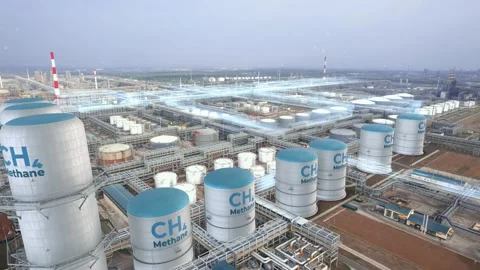 Filling tanks with methane, renewable energy production factory plant. Motion Stock Footage 167405564
