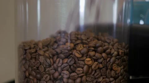 Filling a transparent container with coffee beans. Stock Footage 171031693