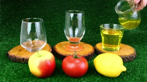 Filling transparent glasses with different fruit juices and fruits near. Vitamin Stock Footage 194516320