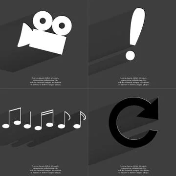 Film camera, Exclamation mark, Notes, Reload icon sign. Set of Symbols with F Stock Illustration