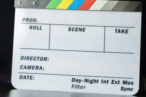 Film clapper board with colored marking tapes in internet content producer da Foto stock