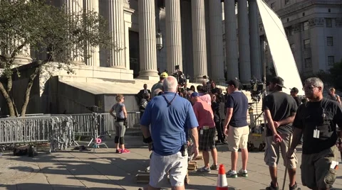 Film crew outside the United States District Court, Manhattan, New York. Stock Footage