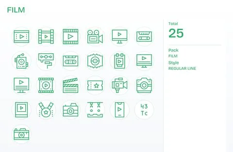 Film Digital Vector Pack containing 25 Detail Enhanced Regular Line 256x256.. Stock Illustration