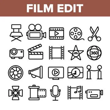 Film Edit, Filmmaking Linear Vector Icons Set Stock Illustration