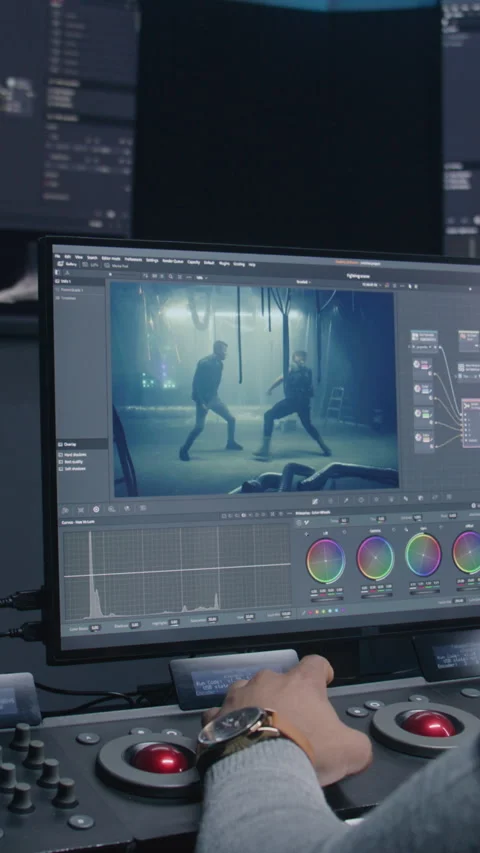 Film editor does color grading on control surface Stock Footage 277143434