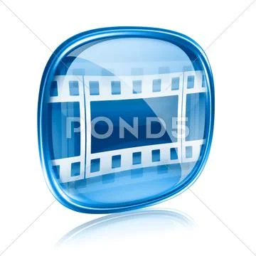 Film icon blue glass, isolated on white background. Stock Illustration
