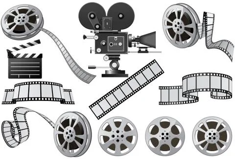 Film industry attributes - film, movie camera and film slate Stock Illustration