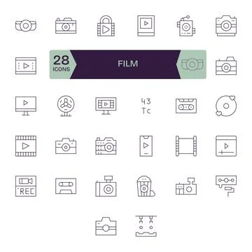 Film Premium Vector Bundle with 32 256x256 Pixel Aligned Thin Line Icons Stock Illustration
