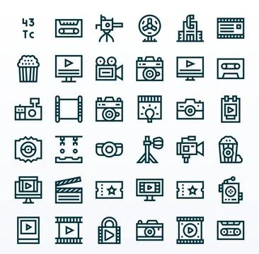 Film Premium Vector Bundle with 36 Retina Ready Pixel Aligned Bold Line Icons Stock Illustration