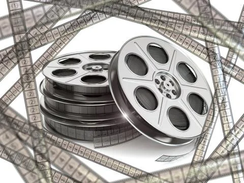 Movie film reels are seen in this 3-D illustration about the cinema