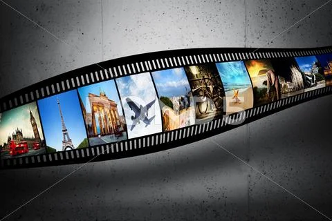Film Strip With Colorful, Vibrant Photographs On Grunge Wall. Travel Theme. A