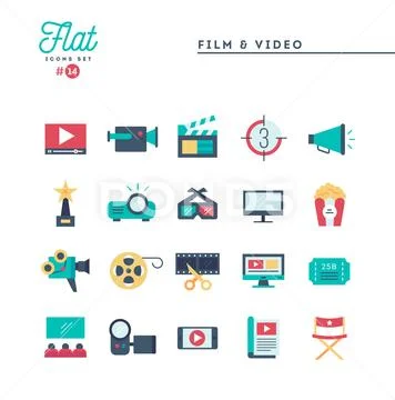 Film, video, shooting, editing and more, flat icons set Stock Illustration