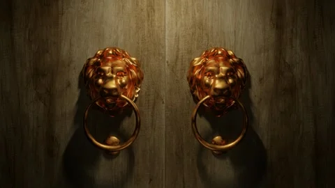 Filmic 3D green screen transition - A lion brass door knocker knocks 3 times Stock Footage 246784291