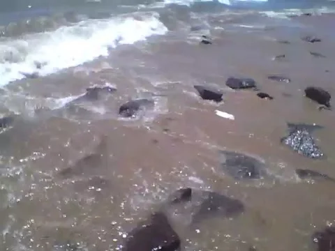 Filming on the beach the rocks being hit by the waves of the sea Stock Footage 163683561