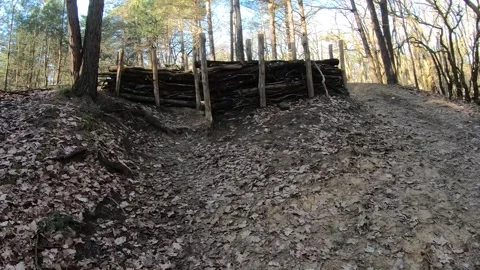 Filming camera in hand, climbing hill on hiking trail towards log fence Stock Footage 270079856