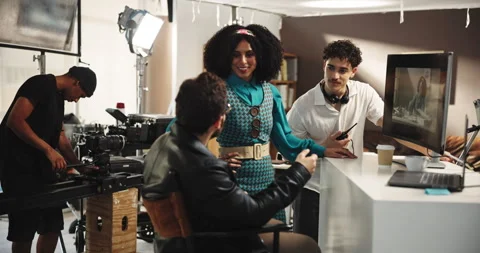 Filming, high five and director with actor on set for scene rehearsal, shooting Stock Footage 312255978