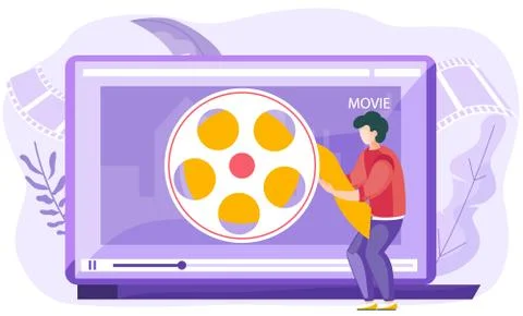 Filming. The man pulls the end of the celluloid. Screen with video about Illustrazione stock