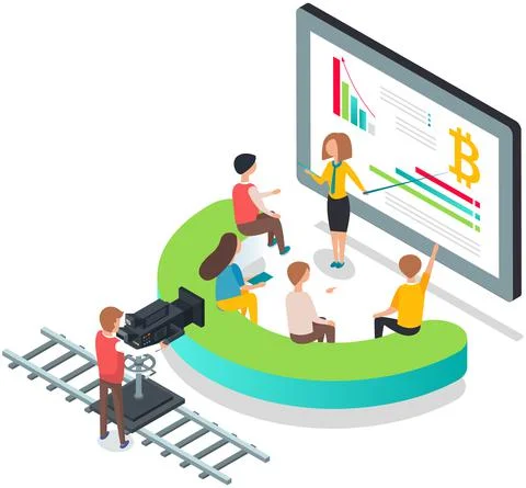 Filming television news program scene with business woman tells crypto market Ilustración de archivo
