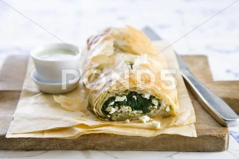 Filo pastry with spinach and feta filling Stock Photos