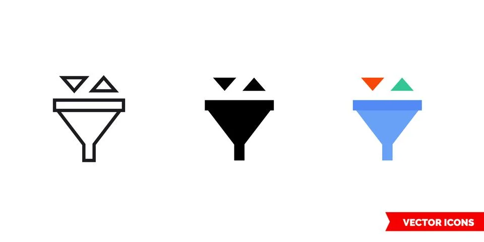 Filter and sort icon of 3 types color, black and white, outline. Isolated vec Illustrazione stock