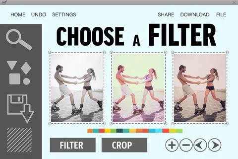Filter selection interface is showing inline skating couple thumbnails on pale 스톡 사진