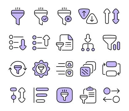 Filter sort icon set featuring funnel control Stock Illustration