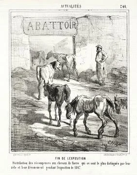 Fin de l'exposition. Distribution des rcompenses aux chevaux de fiacre qui .. Stock Illustration