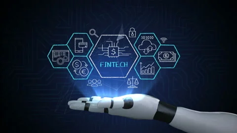 Fin-tech icon and various graph on robot arm. financial technology. 4k. Video stock 89863976