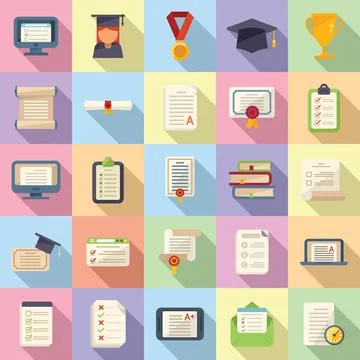 Final exam icons set flat vector. Student college Stock Illustration
