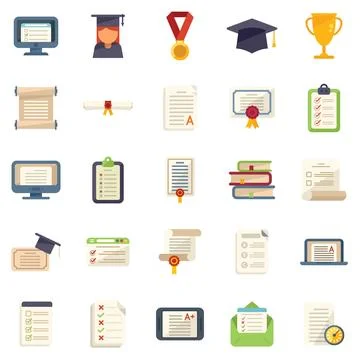 Final exam icons set flat vector. Student college Stock Illustration